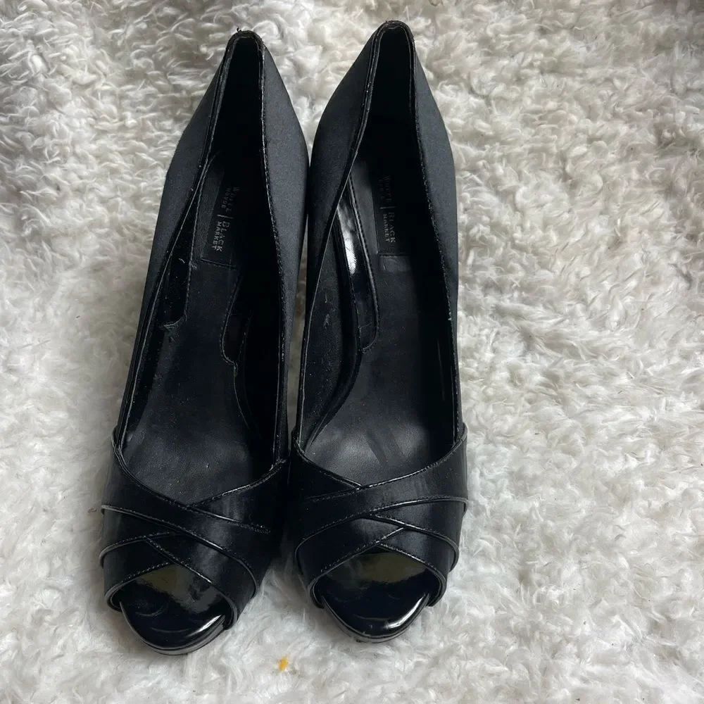 WHBM Black Satin slip on heels pleated front peep toe faux leather trim SZ9M